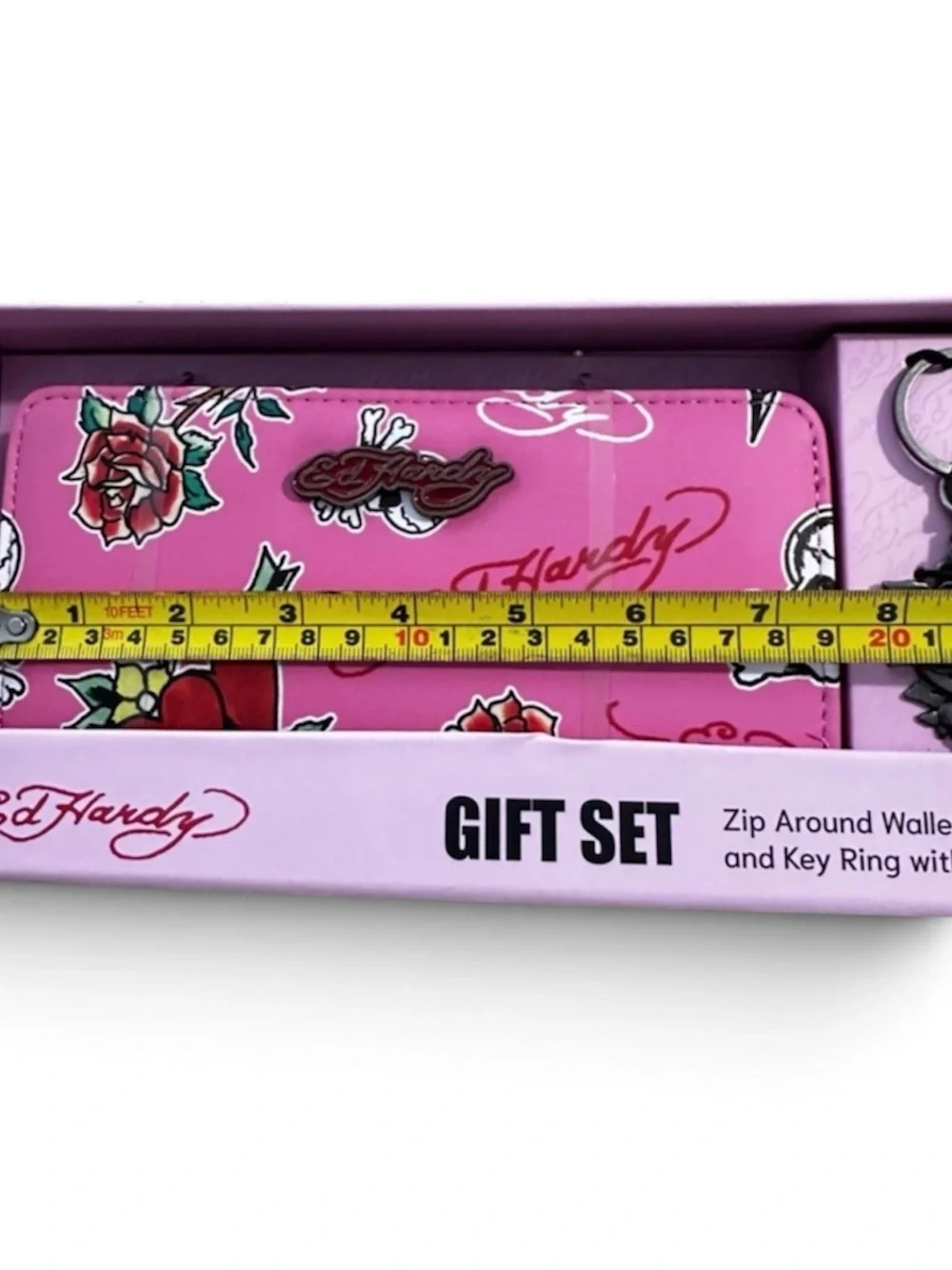 Ed Hardy Pink Tattoo Floral Zip-Around Wallet Gift Set with Key Ring